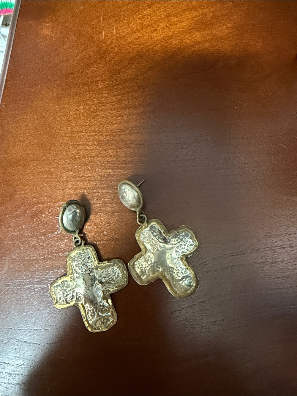 Hammered Cross Drop Earrings in Gold Tone 1990’s